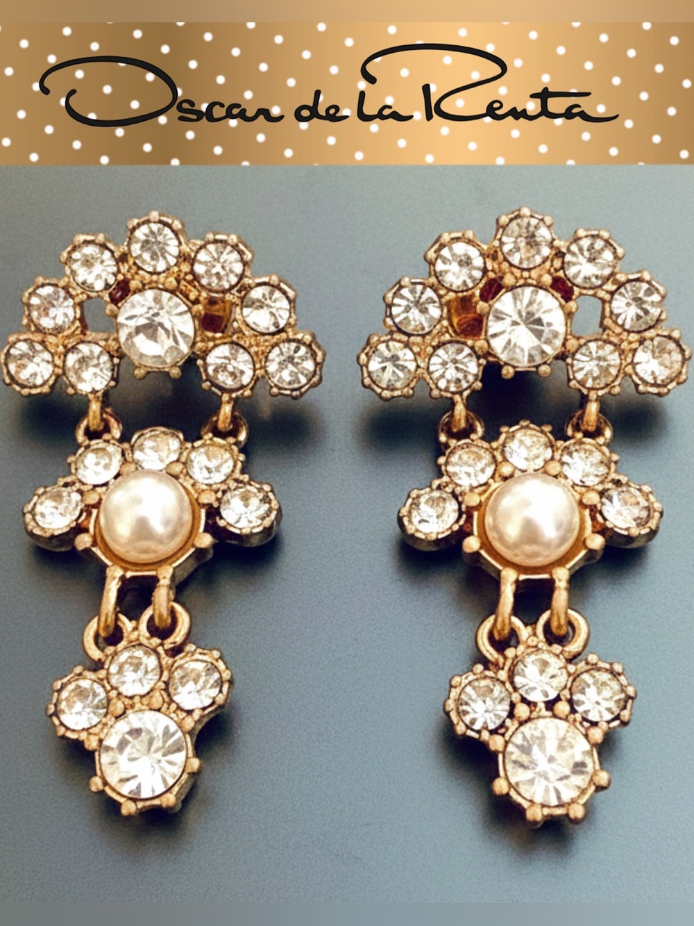Oscar de la Renta Crystal Arch Dangle Drop Earrings ✨Pearl accent✨Post Back